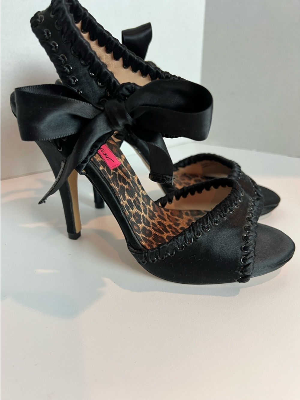 Betsey Johnson Black High Heels with Ribbon Tie Size 6